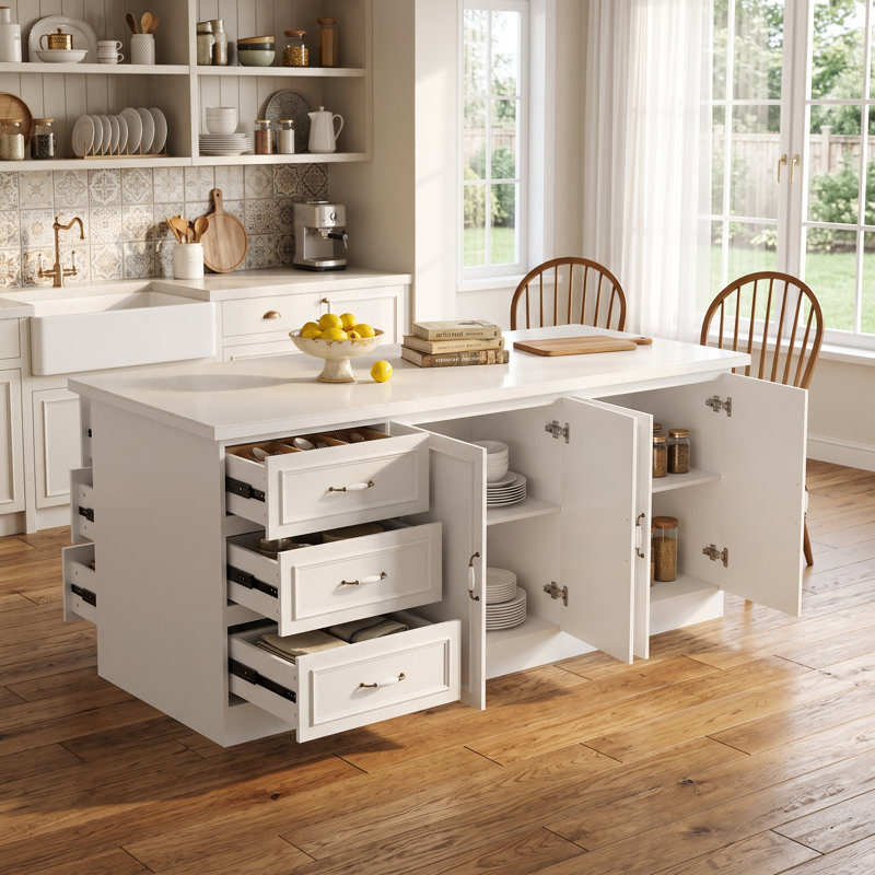 86.6" Marble-Top Dining Prep Table With 2 Cabinets & Dual-Side Drawers
