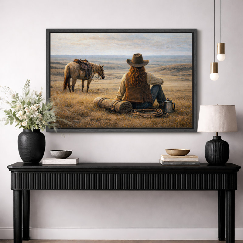 «Cowboy on Horseback», paysage occidental, impression sur toile encadrée, H 24 po x l 36 po x P 1,5 po, Cadre noir