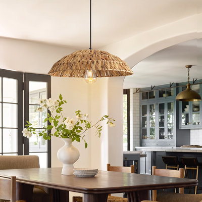 Boho Handwoven Rattan Pendant Light with Adjustable Hanging Height, Black Finish, 1-Light Kitchen Island Ceiling Light