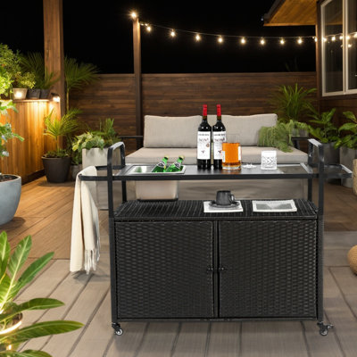 Outdoor Rolling Wicker Bar Cart, Large Portable Outdoor Wicker Bar Table With Cabinet Storage And Steel Countertop, Patio Wicker Serving Bar Cart For by Latitude Run