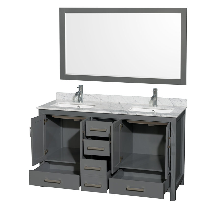Meuble-lavabo double autoportant 60 po avec plateau en marbre Sheffield, Gris foncé
