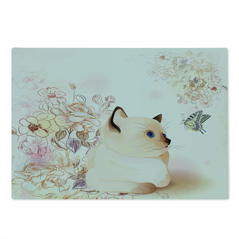 Ambesonne Cat Cutting Board Large Size Pastel Kitty and Butterflies Multicolor