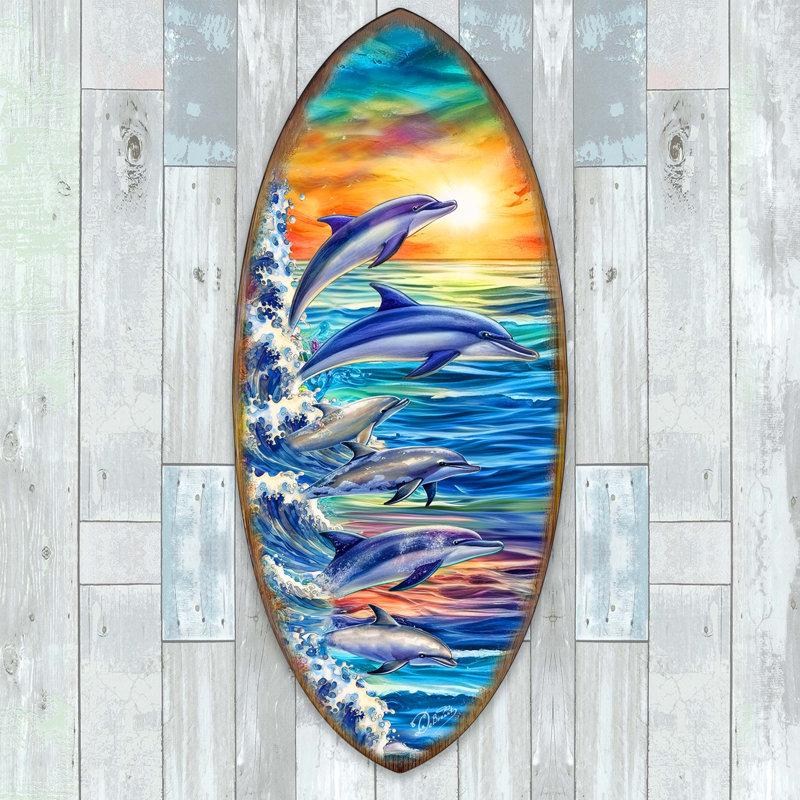 Décoration murale planche de surf Dolphins, H 60 po x l 26 po x P 1 po