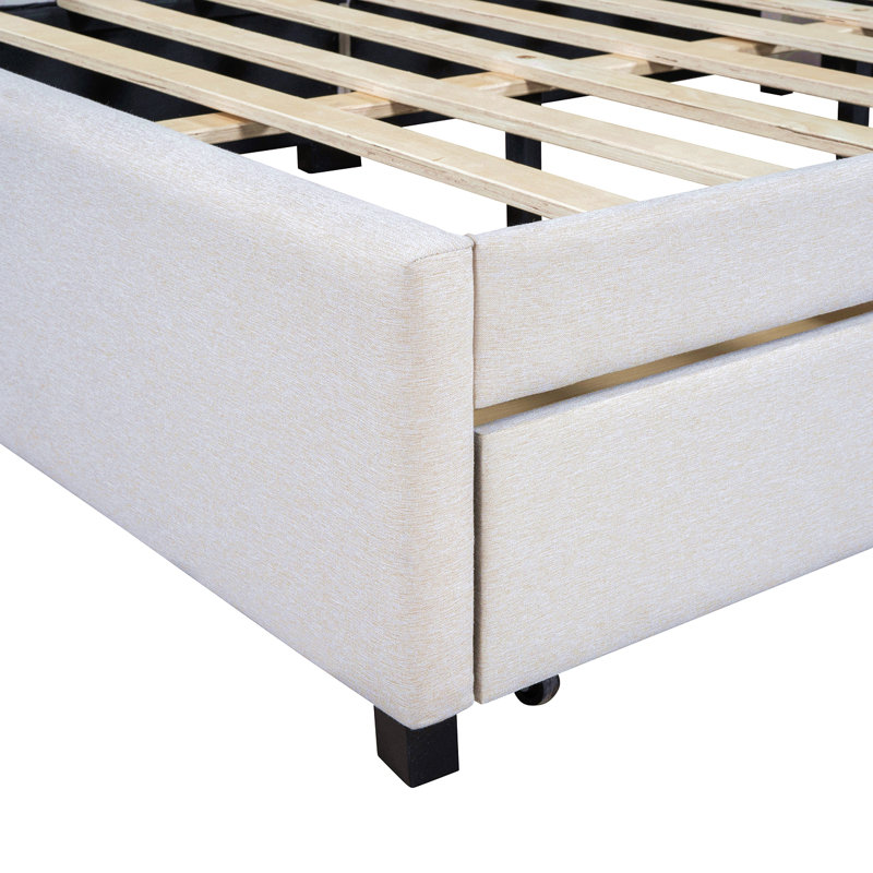 Lit de jour double rembourré avec cadre de canapé-lit à 2 tiroirs de rangement, sans sommier, tissu de lin (beige), Beige