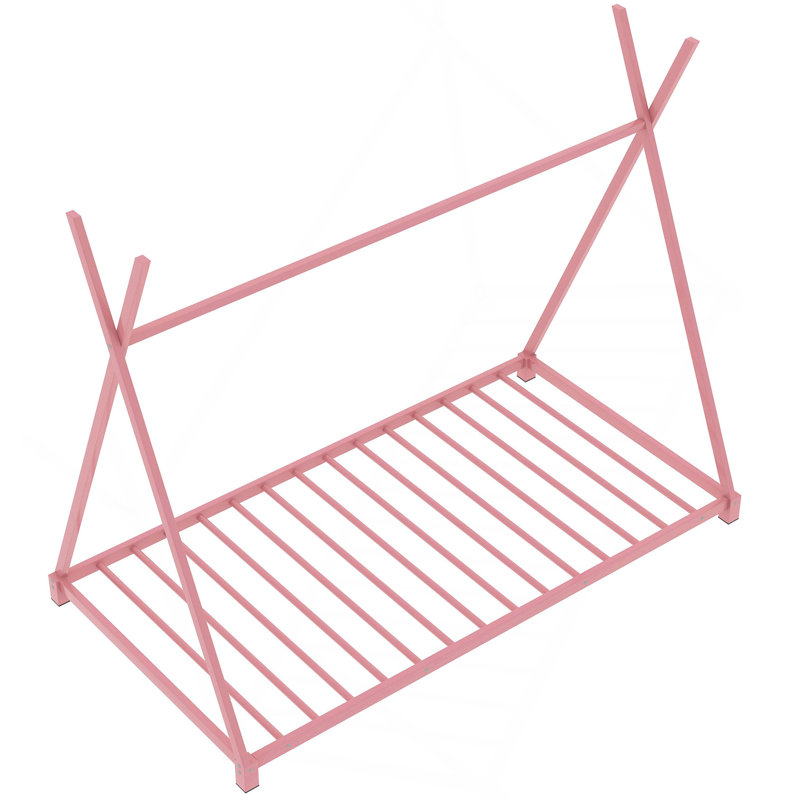 Metal Twin Size House Platform Bed With Triangle Structure, Pink, Pink