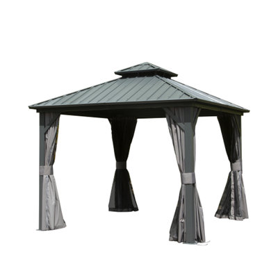 Pavillon de jardin en aluminium et métal avec double toit et rideau, idéal pour la terrasse, la cour, la terrasse, le toit en acier galvanisé gris, gris divertissement
