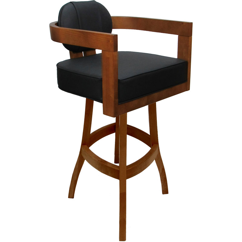 Tabouret de bar pivotant en bois Camili sur base en S, Honey, Siège en mélange de polyester rouge / structure