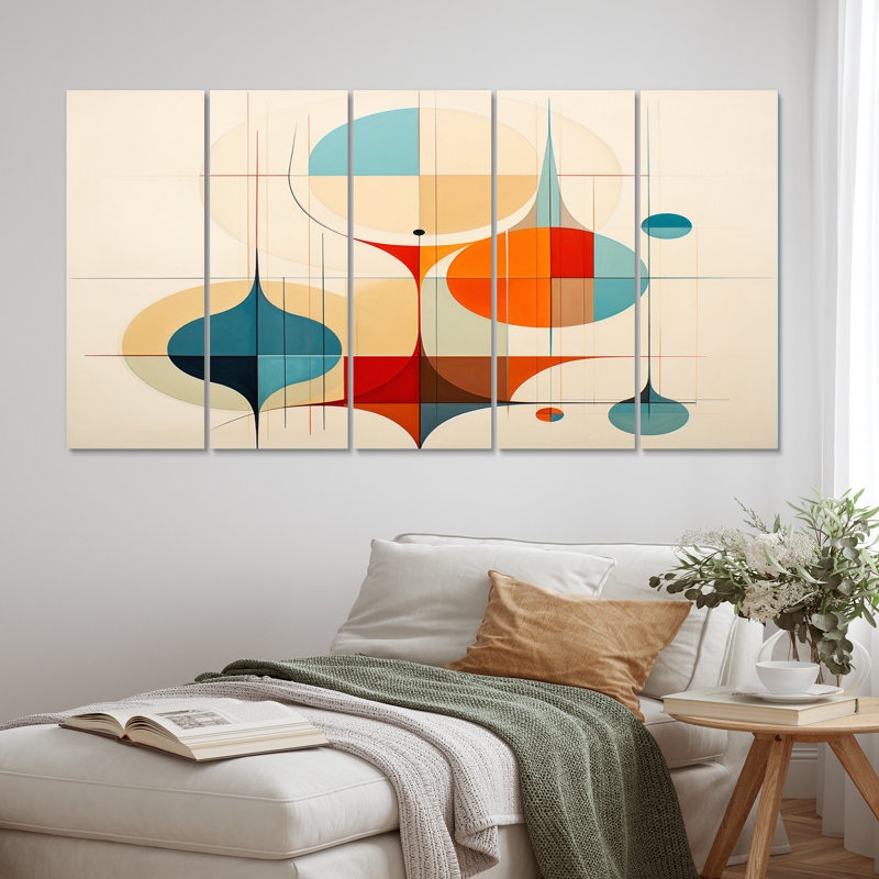 Mid-Century minimaliste géométrique en couleurs rétro II - impression sur toile romantique - 5 panneaux égaux