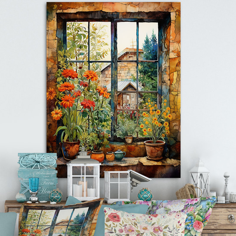 «Brown Farmhouse Window Blooms In Summer I», art mural fenêtres de ferme, Toile tendue, H 32 po x l 24 po