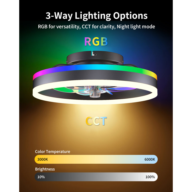 RGB Ceiling Fan with Lights, low profile ceiling fans with lights and remote, Flush Mount LED Fan Light, Modern Bladeless Fandelier for Bedroom Works with APP, 16IN Black