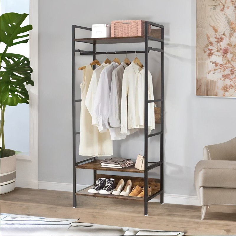 Bayshore Industrial Rustic Open Wardrobe Garment Rail With Storage Shelves