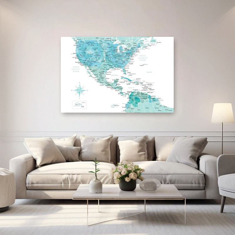 Watercolor Americas Map Contemporary City Wall Art Print 1 Piece Wrapped Canvas Wall Art, 152.4cm H x 101.6cm W