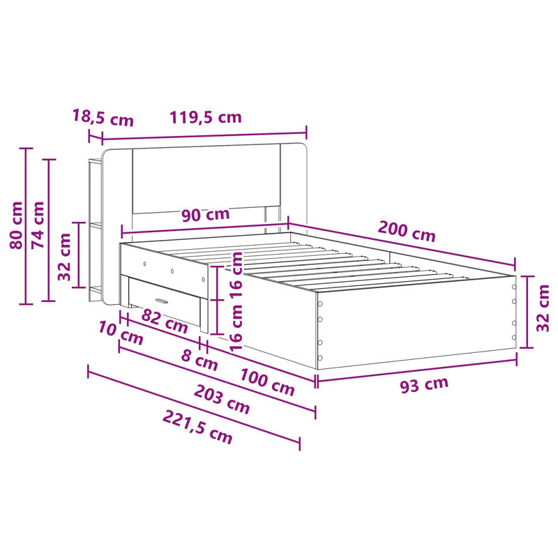 Bed, European Single (90 x 200 cm), Grey Sonoma