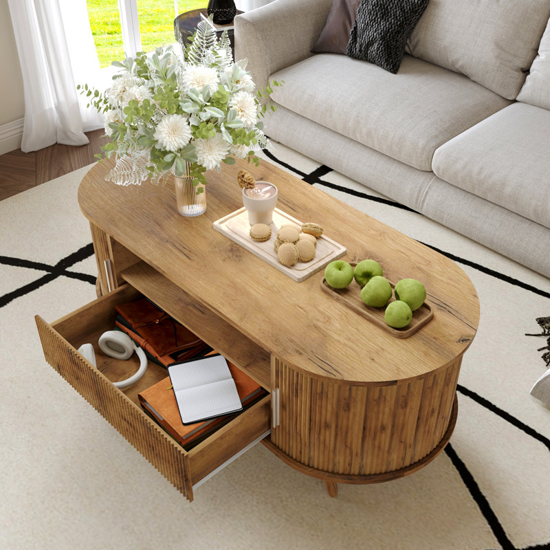 Table basse ovale DFW de 115 cm (45,27 pouces) avec rangement, style moderne du milieu du siècle, chêne naturel