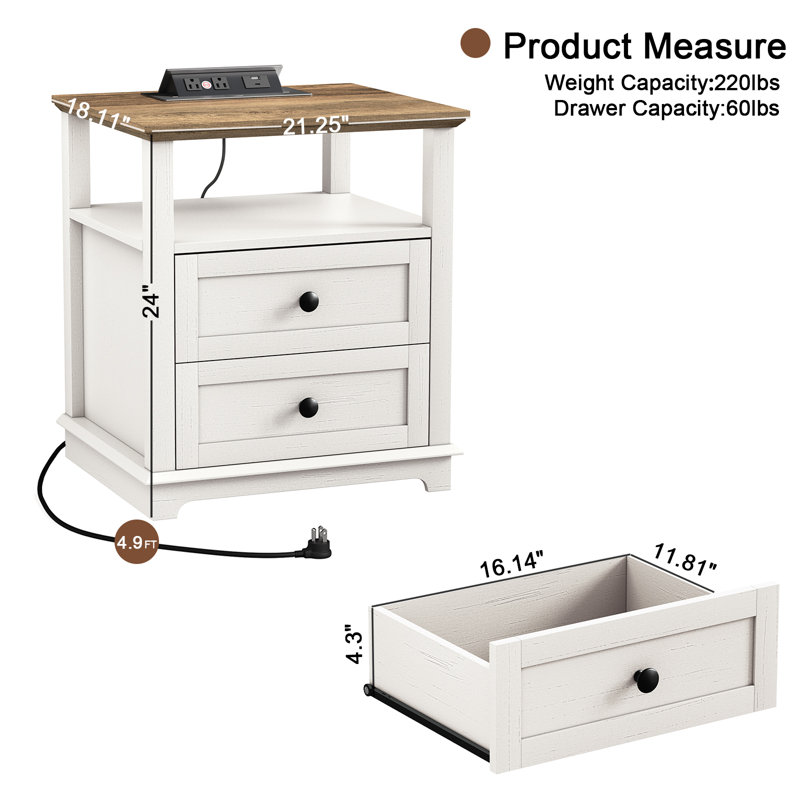 2 Drawers Sets Danforth with Storage and Built-in Charging Station, White
