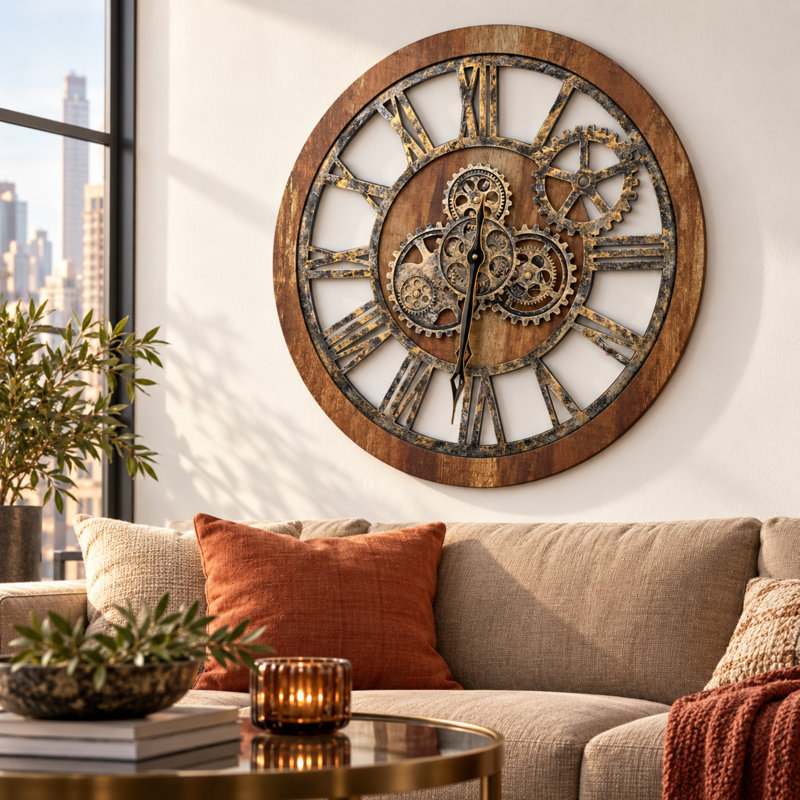 Horloge murale ronde surdimensionnée de 24 po pour le salon avec la collection America, Brun rétro