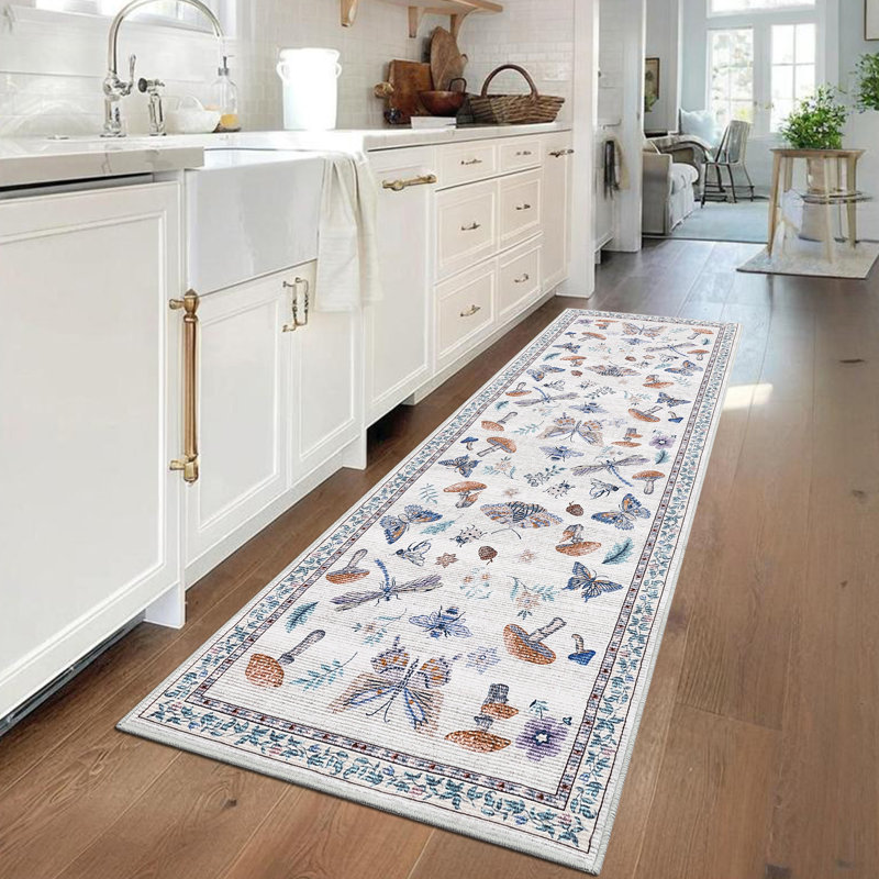 Floral Machine Washable Rug with Non-Slip Backing, Soft Thin Low Pile Non Shedding Floor Carpet, Indoor Foldable Printed Accent Mat for Living Room/Nursery/Bedroom
