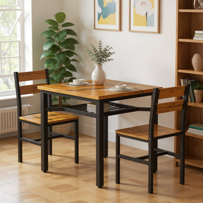 3 Piece Square Bar Table And Chairs Set, Space Saving Design Dining Table Set With Storage Shelf, Small Kitchen Table Set Of 3, With Particle Board Table Top And Metal Frame