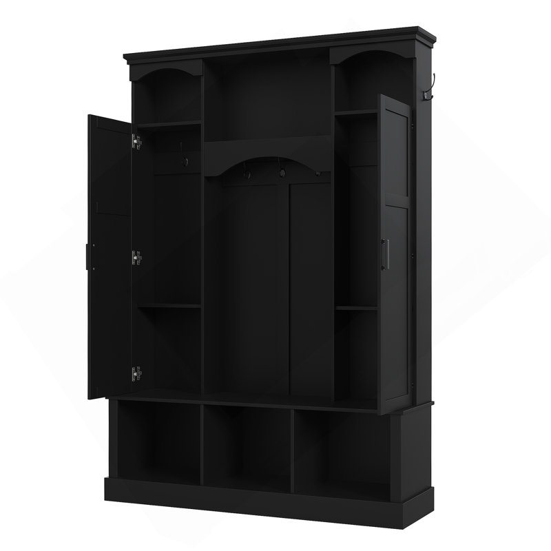 ON-TREND Modern All-In-One Hall Tree With Adjustable Shelves, Classic Arched Farmhouse Storage Bench With Dual Side Cabinets, Elegant Entryway Organizer With 7 Hooks For Mudroom, Hallway, Black