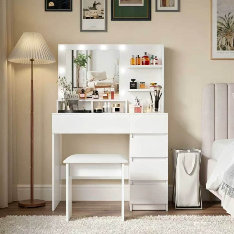 Vanity,Makeup Vanity Desk Set With Mirror & Light,Dressing Table Storage Lots With Power Strip,3 Lighting Modes With Adjustable Brightness