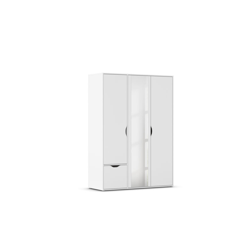 Hinged door wardrobe Narai with mirror, handle -less look MADE IN GERMANY, Alpine White, 194cm H x 140cm W x 53cm D