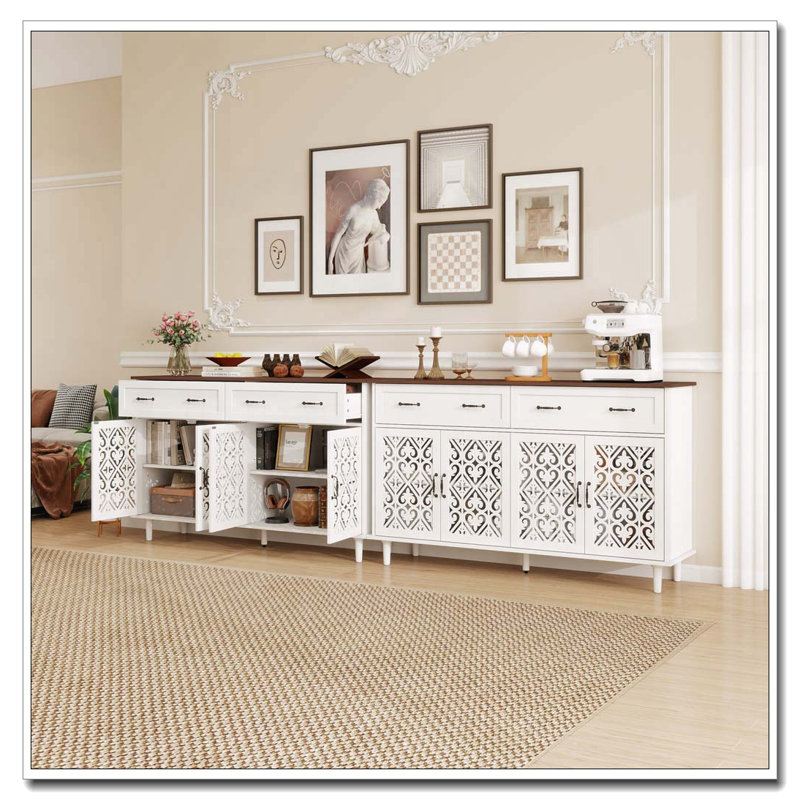 Buffet rétro avec portes géométriques sculptées à la main, finition bois clair vieilli, Blanc + noyer