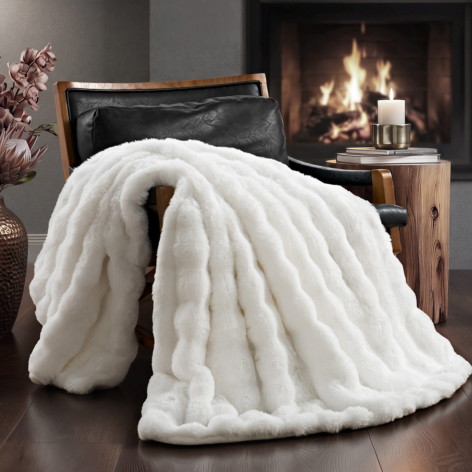 Faux Fur Weighted Throw Blanket, 80" L x 60" W, Bright White