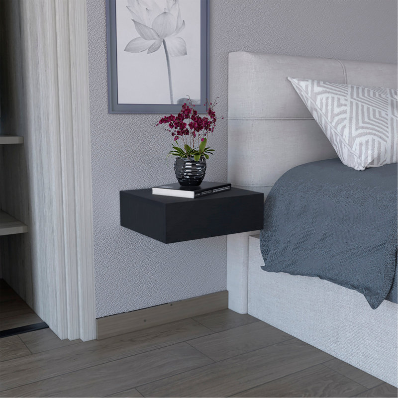 Milano Floating Nightstand , End Table, Side Table Wall-Mounted With Drawer -Black -Bedroom, Black