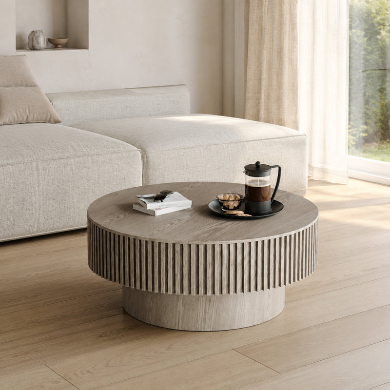 Table basse ronde avec rangement caché, table d'appoint moderne en placage de bois massif avec conception de champignon cannelé, table autoportante robuste