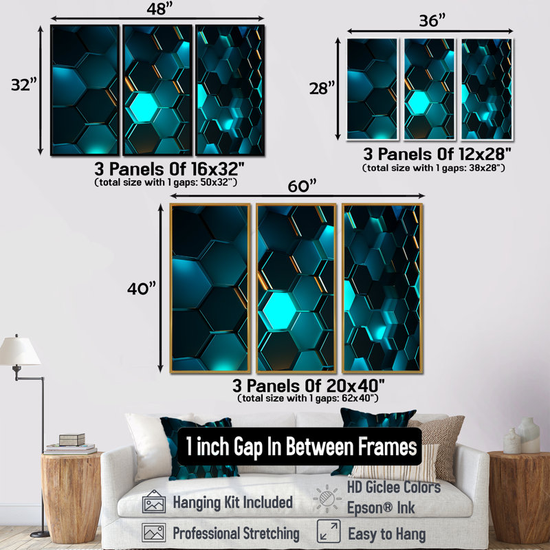 Hexagone turquoise - ensemble de salon géométrique, H 28 po x l 36 po x P 1 po, Cadre flottant noir
