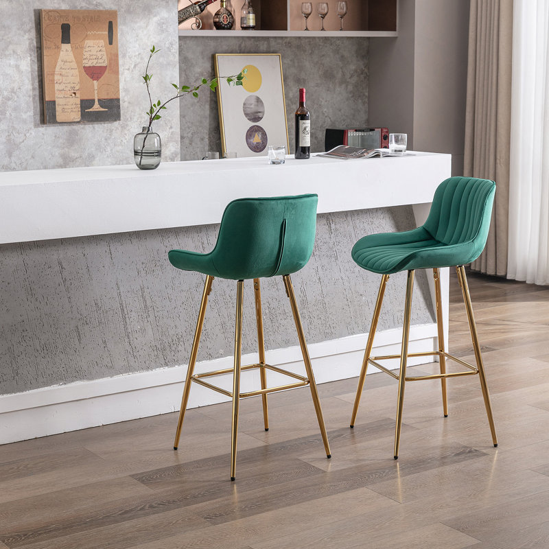 Tabouret de bar en velours avec repose-pieds chromé, ensemble de 2, Vert, Tabouret de bar (siège d'une hauteur de 29,92 po)
