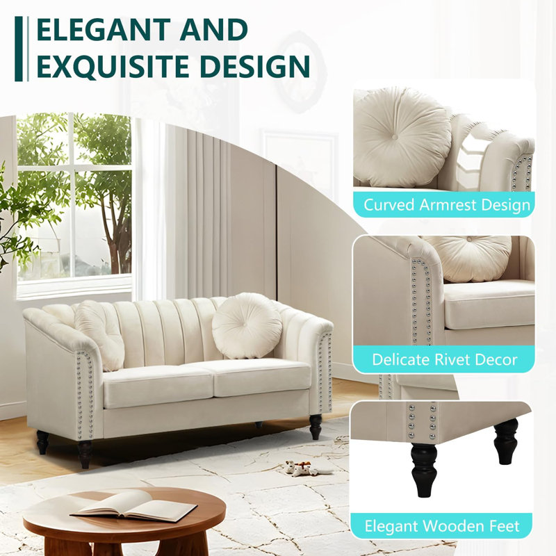 60" Upholstered Classic Chesterfield Loveseat, White