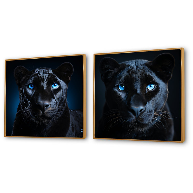 «Blue Panther Majesty I», ensemble de 2 reproductions d'art sur toile, Encadrement doré, H 16 po x l 33 po x P 1 po