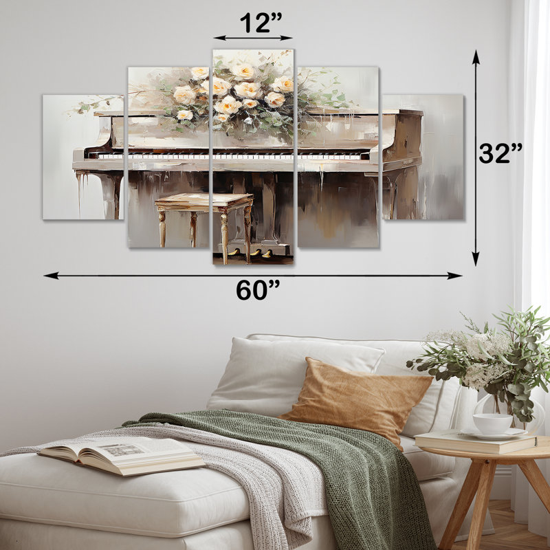 «White Timeless Floral Piano - Music Multipanel», ensemble d'art mural