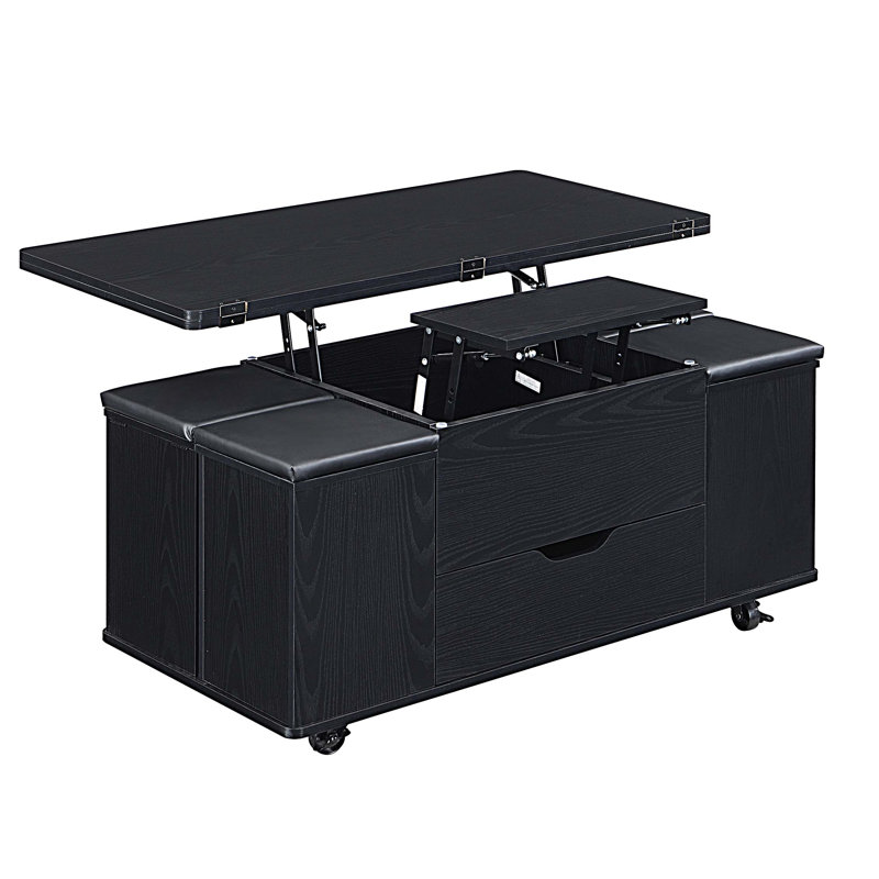Table basse multifonctionnelle à plateau relevable avec rangement dissimulé et tabourets, table centrale moderne avec 4 tabourets et roulettes