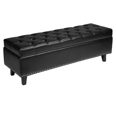 Button-Tufted Storage Ottoman Bench PU Leather Bench With Wood Legs
