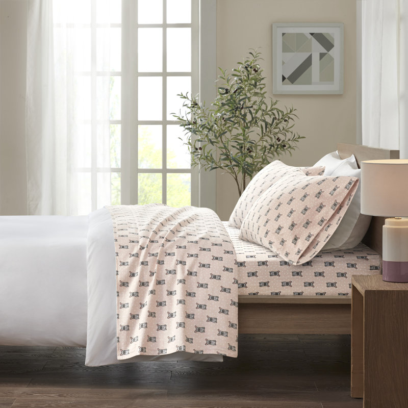 Cozy Flannel 100% Cotton Sheet Set, Full / Double Sheet Set with 2 Pillowcases, Pink French Bulldog