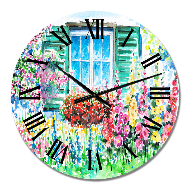 Géranium rouge devant une fenêtre bleue - horloge murale, Petit