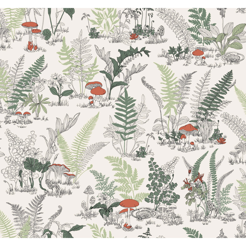 Mushroom Garden Toile Wallpaper Roll, Red & Green