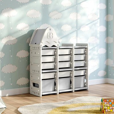 Kidkid 5 Tier Plastic Toy Storage Organizer with 15 Pull-Out Bins and Roof Top