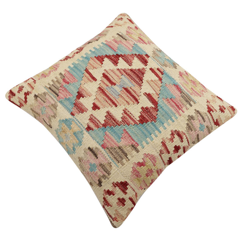 Oreiller rustique en kilim tissé à la main Caballer - 17 po x 18 po Rustic, H 17 po x l 18 po, Beige / rouge / bleu turc 1
