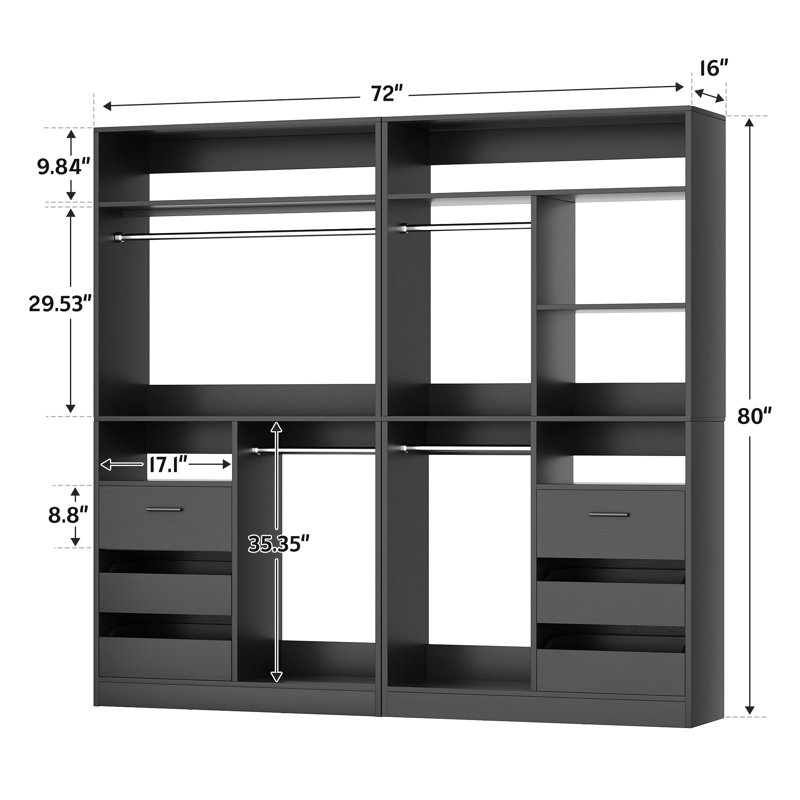 72"Closet System With 6 Drawers And 4 Rods, Black