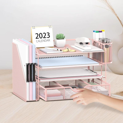 4-Tier Metal Desk Organizer With File Holder, 1 Drawer, 2 Pen Holders, Paper Organizer