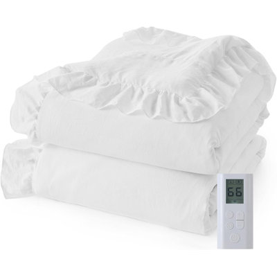 Couverture d'édredon chauffante, courtepointe électrique à volants, contrôleur ACL sans fil, chauffage rapide et protection contre la surchauffe, lavable à la machine, chambre à coucher, très grand 90 po x 90 po, blanc