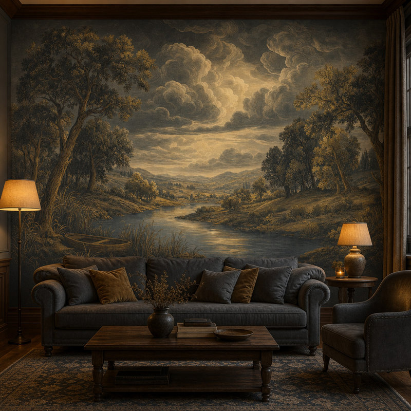 Papier peint paysage sombre foncé, gravure vintage, vallée, décoration murale amovible, 100"x96", Peel and Stick