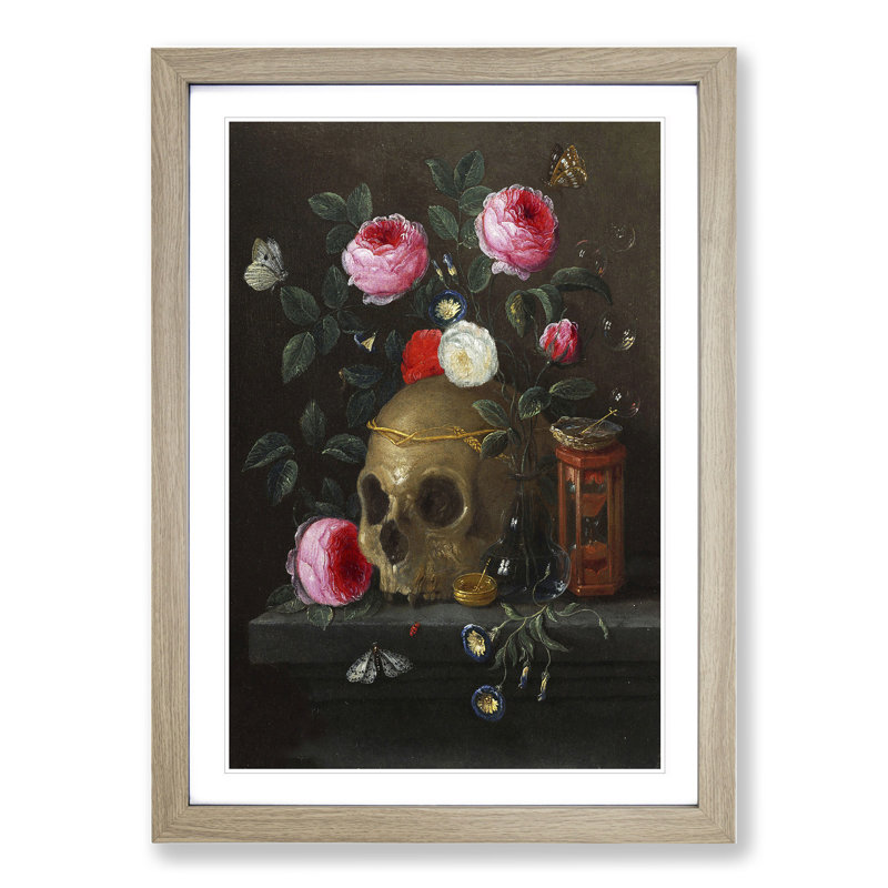 Skull and Roses by Jan Van Kessel - Picture Frame Painting, 48cm H x 36cm W x 2cm D, Oak Framed