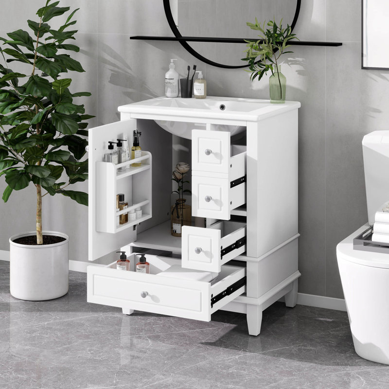 24" Bathroom Vanity With Sink, Single Vanity Set With 3 Drawers And One Door With Storage Racks, Wooden Storage Cabinet