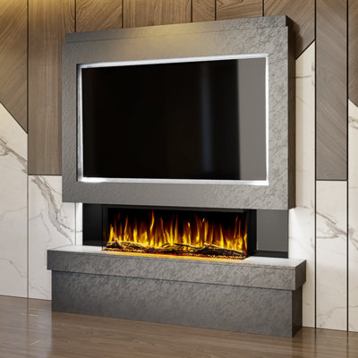 Evolution Fires Pre-Built Media Wall Package 2, finished in textured Venetian Plaster, includes Spectrum Series 44 Series 3-Sided Electric Fireplace