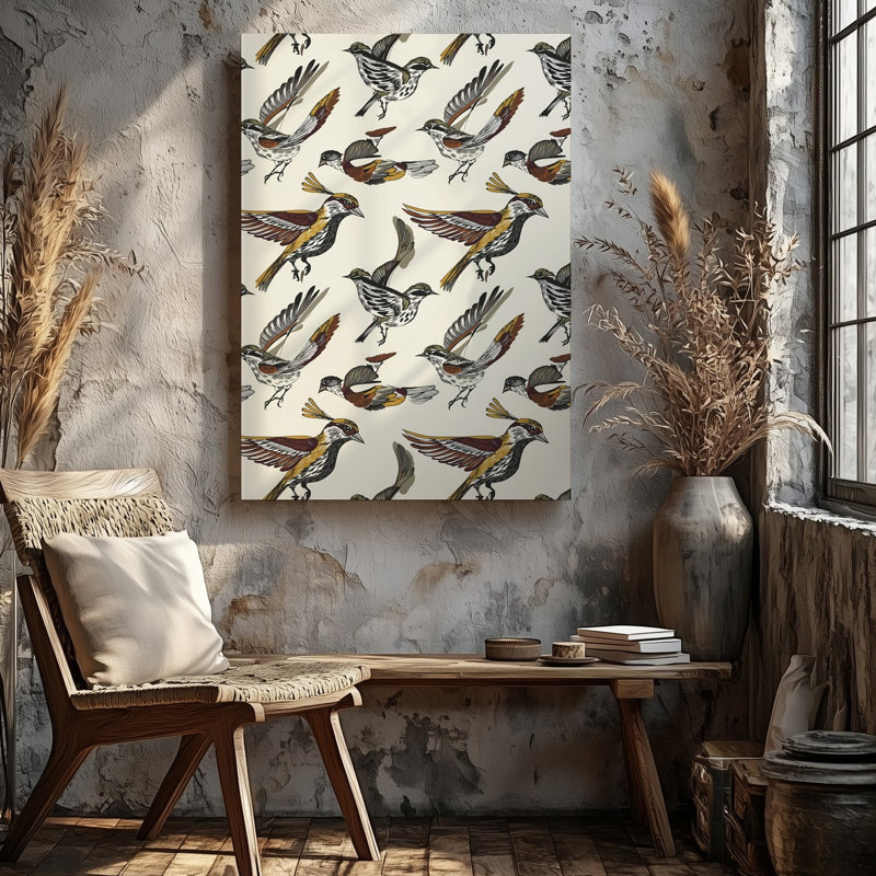 La toile crée un motif sans couture mettant en vedette une variété d'oiseaux stylisés en vol mettant en vedette des lignes complexes et des toiles détaillées