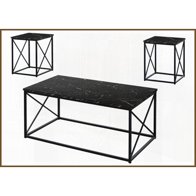 Ensemble de 3 tables basses de salon avec 2 tables de bout - plateau d'aspect marbre noir, structure robuste en métal noir X